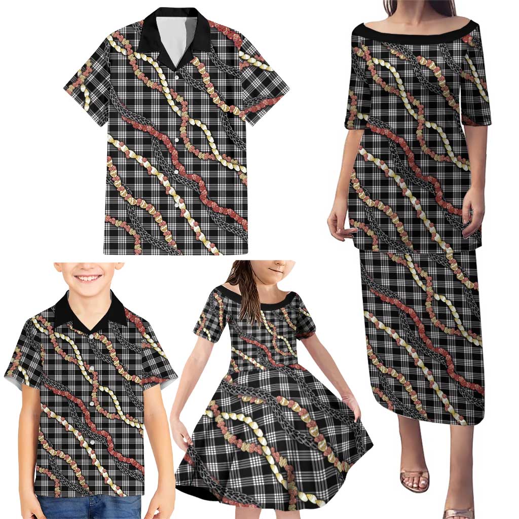 Hawaii Palaka Niihau Shell Lei Family Matching Puletasi and Hawaiian Shirt Tropical Island Plaid Patterns