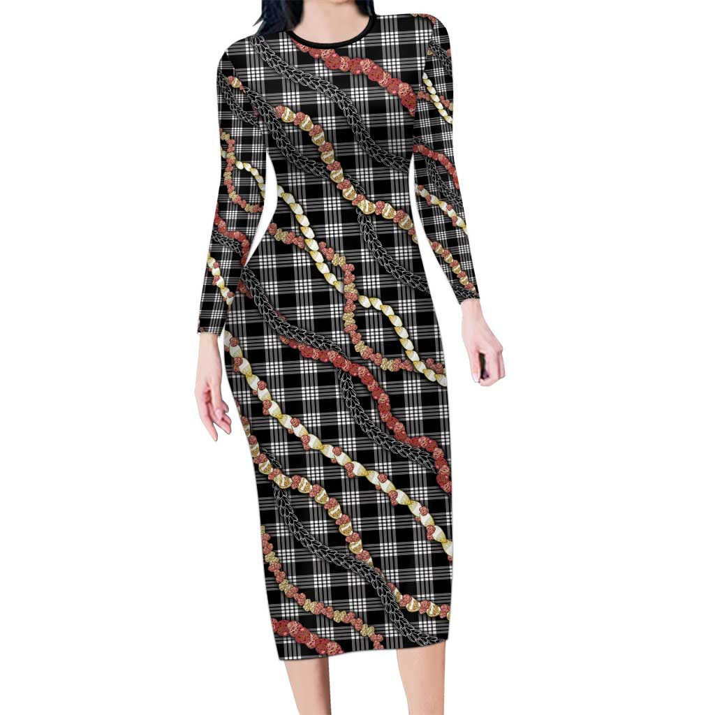 Hawaii Palaka Niihau Shell Lei Long Sleeve Bodycon Dress Tropical Island Plaid Patterns