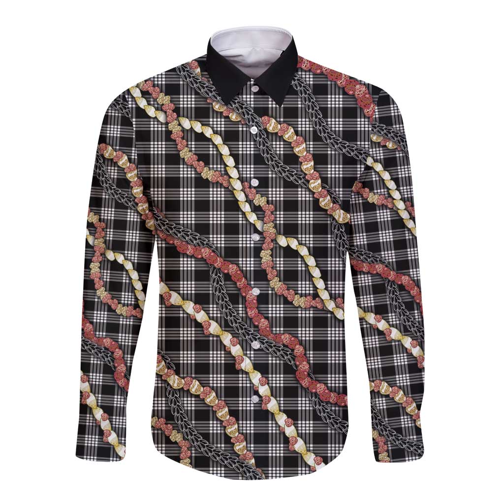 Hawaii Palaka Niihau Shell Lei Long Sleeve Button Shirt Tropical Island Plaid Patterns