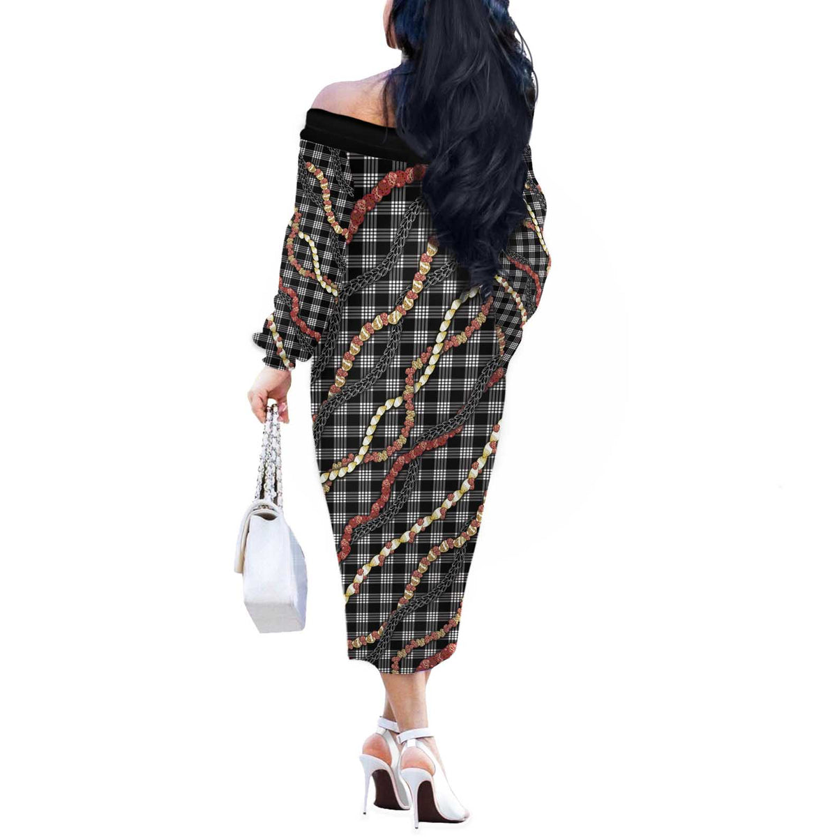 Hawaii Palaka Niihau Shell Lei Off The Shoulder Long Sleeve Dress Tropical Island Plaid Patterns