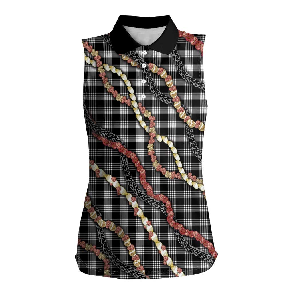 Hawaii Palaka Niihau Shell Lei Women Sleeveless Polo Shirt Tropical Island Plaid Patterns