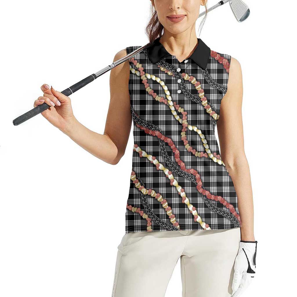 Hawaii Palaka Niihau Shell Lei Women Sleeveless Polo Shirt Tropical Island Plaid Patterns