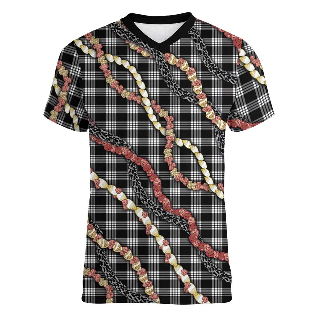 Hawaii Palaka Niihau Shell Lei Women V-Neck T-Shirt Tropical Island Plaid Patterns