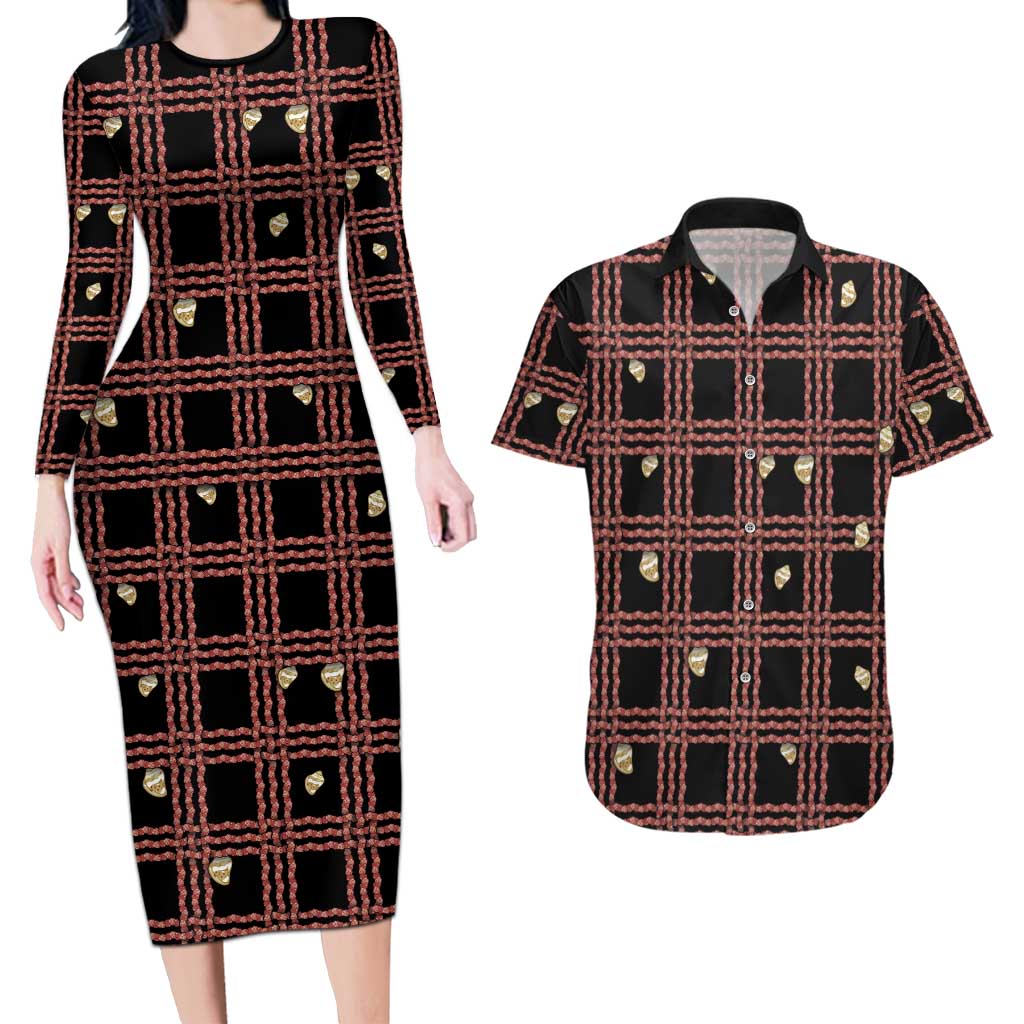 Hawaii Palaka Kahelelani Shell Lei Costume Couples Matching Long Sleeve Bodycon Dress and Hawaiian Shirt Plaid Patterns