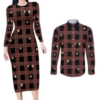 Hawaii Palaka Kahelelani Shell Lei Costume Couples Matching Long Sleeve Bodycon Dress and Long Sleeve Button Shirt Plaid Patterns