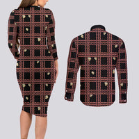 Hawaii Palaka Kahelelani Shell Lei Costume Couples Matching Long Sleeve Bodycon Dress and Long Sleeve Button Shirt Plaid Patterns