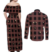 Hawaii Palaka Kahelelani Shell Lei Costume Couples Matching Off Shoulder Maxi Dress and Long Sleeve Button Shirt Plaid Patterns