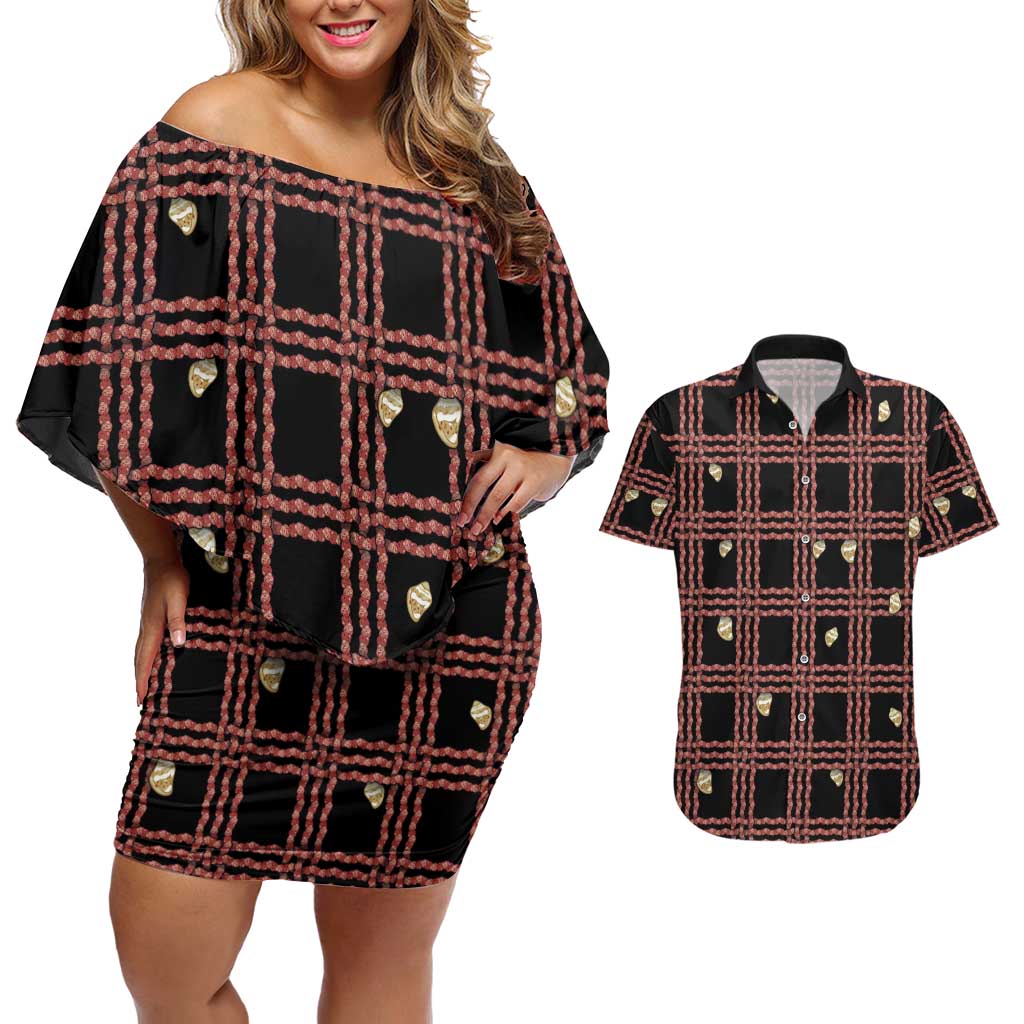 Hawaii Palaka Kahelelani Shell Lei Costume Couples Matching Off Shoulder Short Dress and Hawaiian Shirt Plaid Patterns
