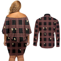 Hawaii Palaka Kahelelani Shell Lei Costume Couples Matching Off Shoulder Short Dress and Long Sleeve Button Shirt Plaid Patterns