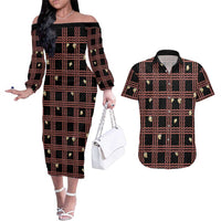 Hawaii Palaka Kahelelani Shell Lei Costume Couples Matching Off The Shoulder Long Sleeve Dress and Hawaiian Shirt Plaid Patterns
