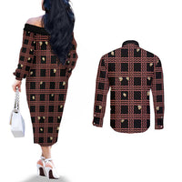 Hawaii Palaka Kahelelani Shell Lei Costume Couples Matching Off The Shoulder Long Sleeve Dress and Long Sleeve Button Shirt Plaid Patterns DT05 - Polynesian Pride