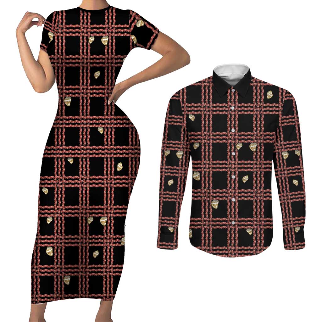 Hawaii Palaka Kahelelani Shell Lei Costume Couples Matching Short Sleeve Bodycon Dress and Long Sleeve Button Shirt Plaid Patterns