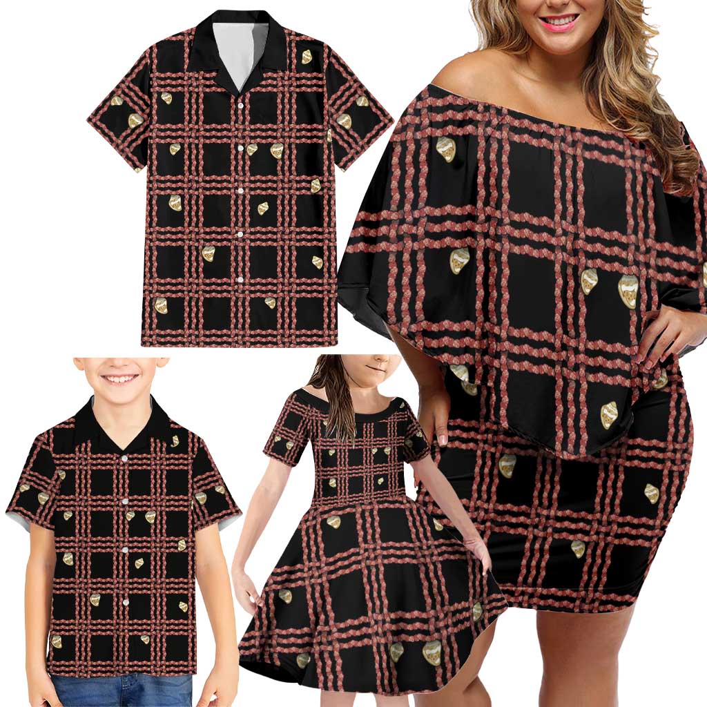 Hawaii Palaka Kahelelani Shell Lei Costume Family Matching Off Shoulder Short Dress and Hawaiian Shirt Plaid Patterns