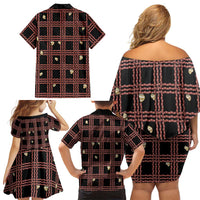Hawaii Palaka Kahelelani Shell Lei Costume Family Matching Off Shoulder Short Dress and Hawaiian Shirt Plaid Patterns
