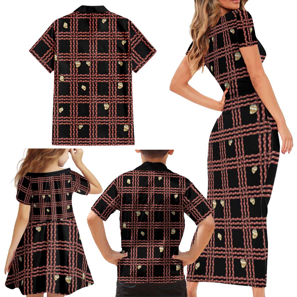 Hawaii Palaka Kahelelani Shell Lei Costume Family Matching Short Sleeve Bodycon Dress and Hawaiian Shirt Plaid Patterns