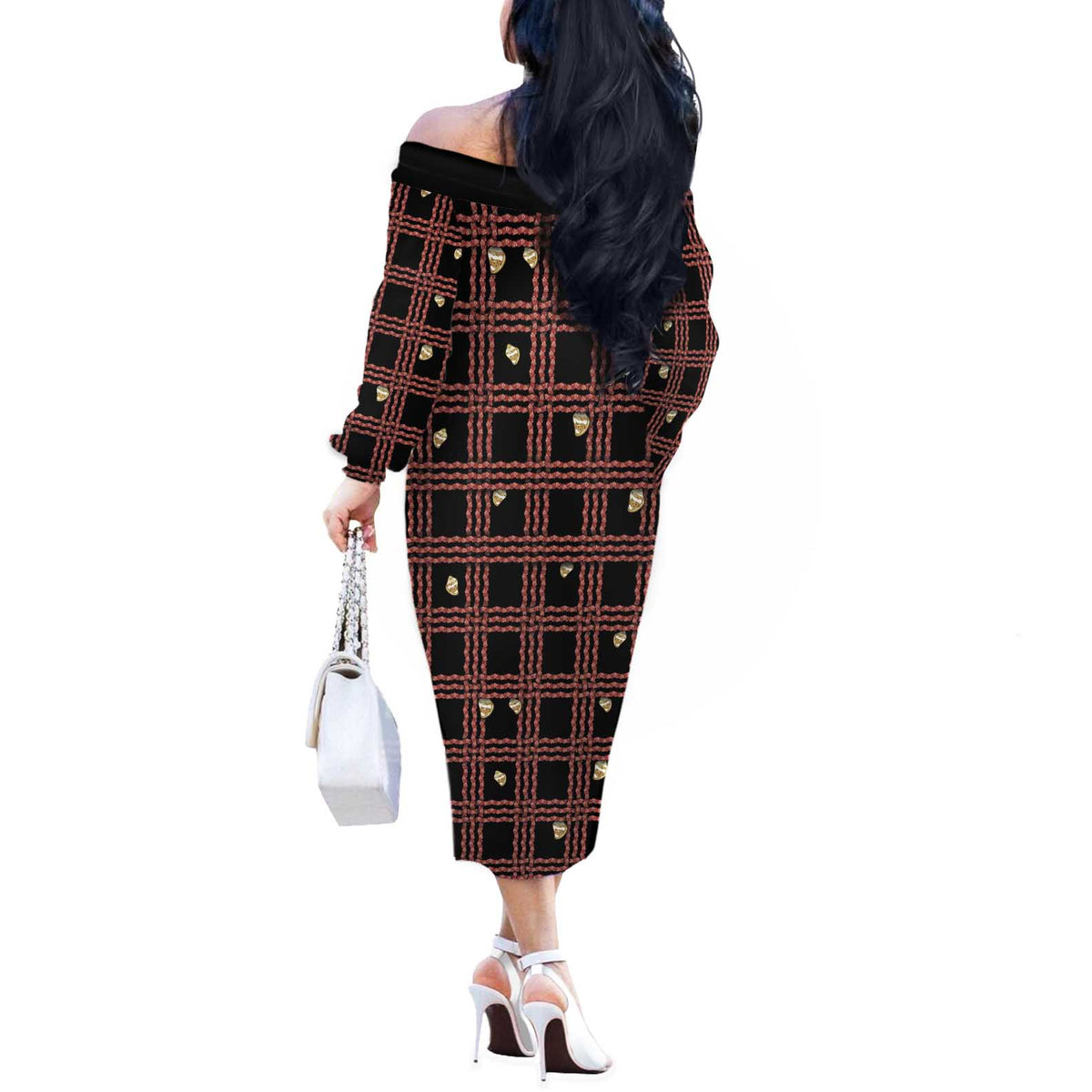 Hawaii Palaka Kahelelani Shell Lei Costume Off The Shoulder Long Sleeve Dress Plaid Patterns