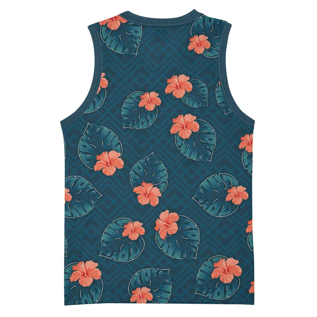 Hawaii Monstera Basketball Jersey Hibiscus Flowers Simple Style - Polynesian Pride