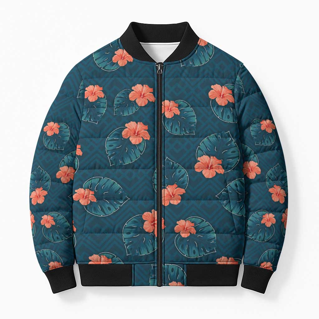 Hawaii Monstera Bomber Puffer Jacket Hibiscus Flowers Simple Style - Polynesian Pride