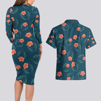Hawaii Monstera Couples Matching Long Sleeve Bodycon Dress and Hawaiian Shirt Hibiscus Flowers Simple Style - Polynesian Pride
