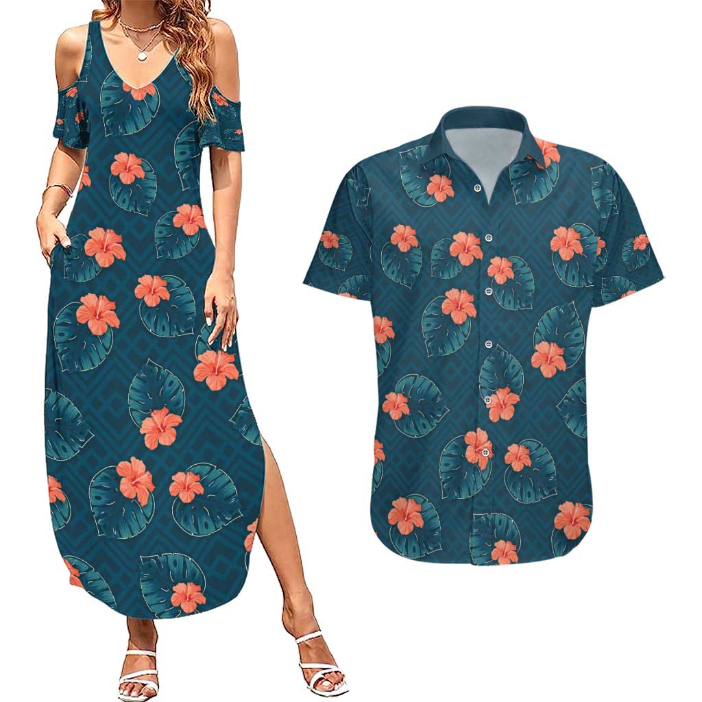 Hawaii Monstera Couples Matching Summer Maxi Dress and Hawaiian Shirt Hibiscus Flowers Simple Style - Polynesian Pride