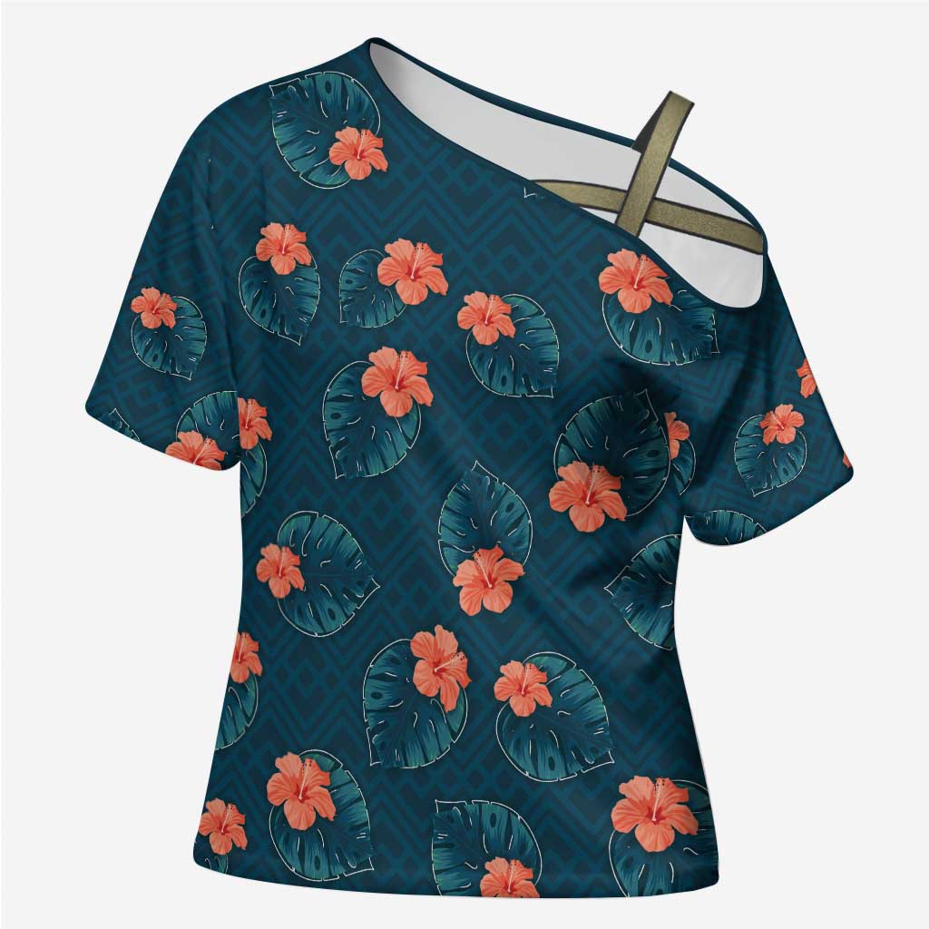 Hawaii Monstera Cross Shoulder Shirt Hibiscus Flowers Simple Style - Polynesian Pride