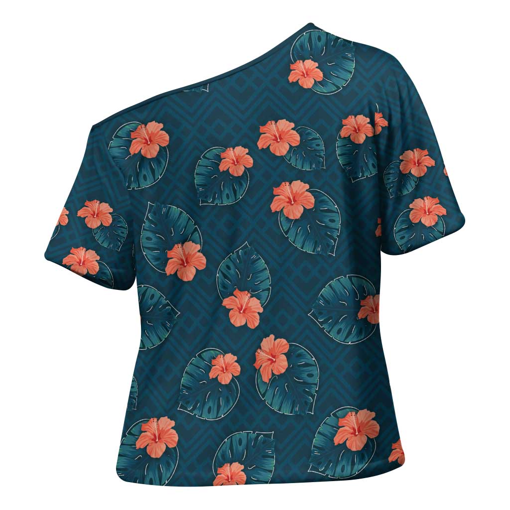Hawaii Monstera Cross Shoulder Shirt Hibiscus Flowers Simple Style - Polynesian Pride