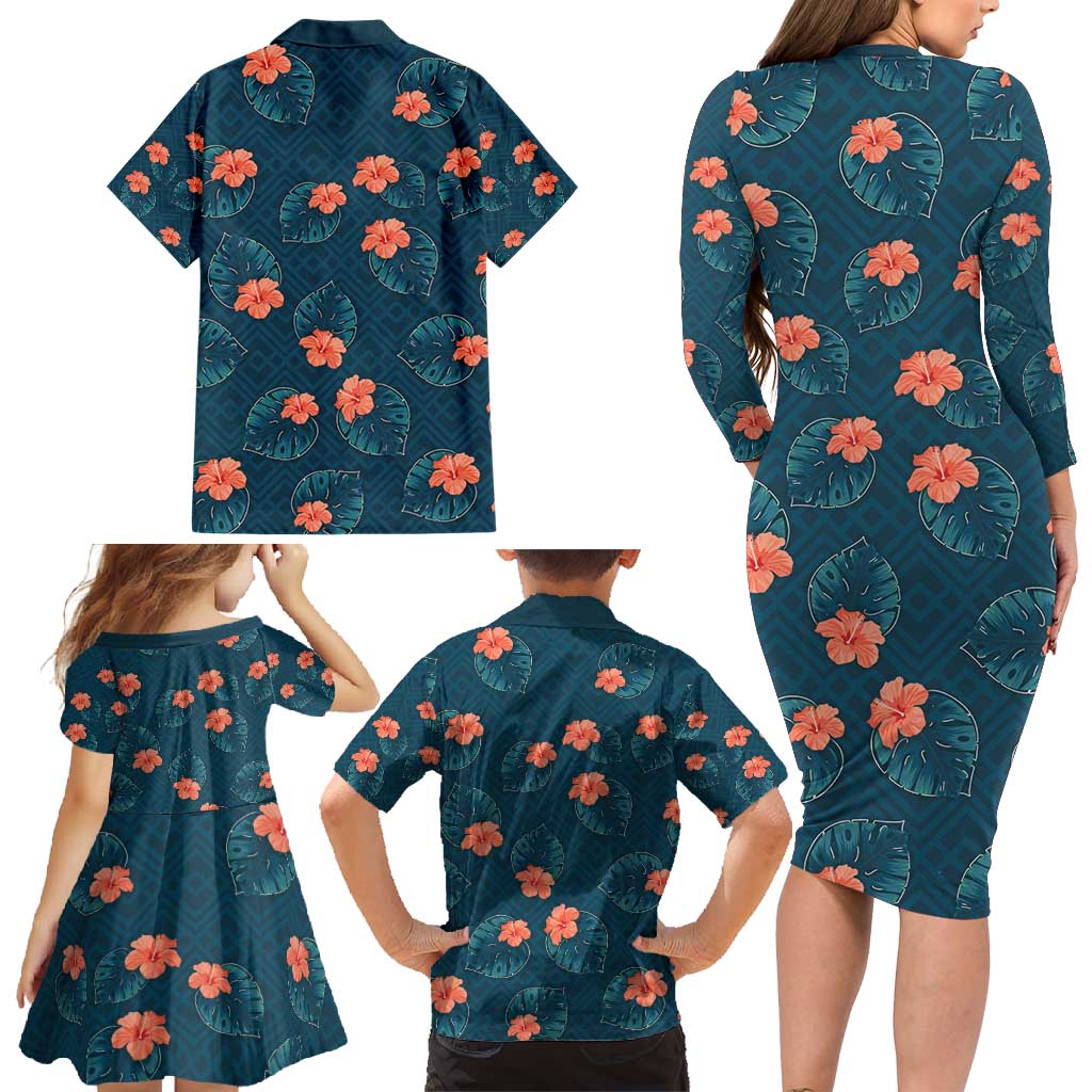 Hawaii Monstera Family Matching Long Sleeve Bodycon Dress and Hawaiian Shirt Hibiscus Flowers Simple Style DT05 - Polynesian Pride
