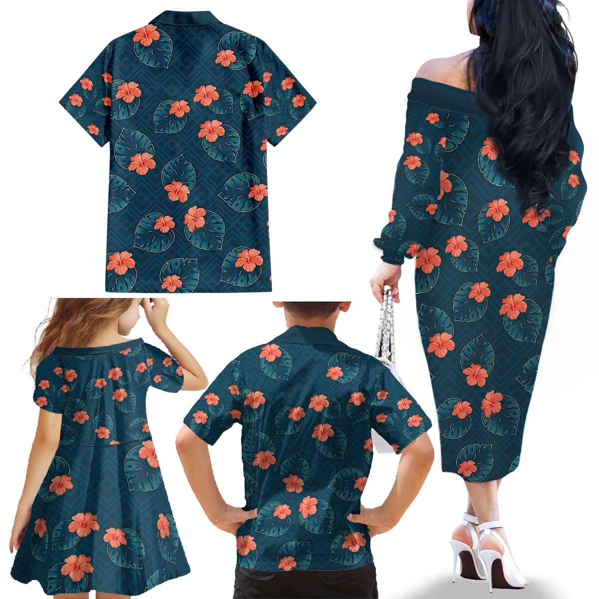 Hawaii Monstera Family Matching Off The Shoulder Long Sleeve Dress and Hawaiian Shirt Hibiscus Flowers Simple Style - Polynesian Pride