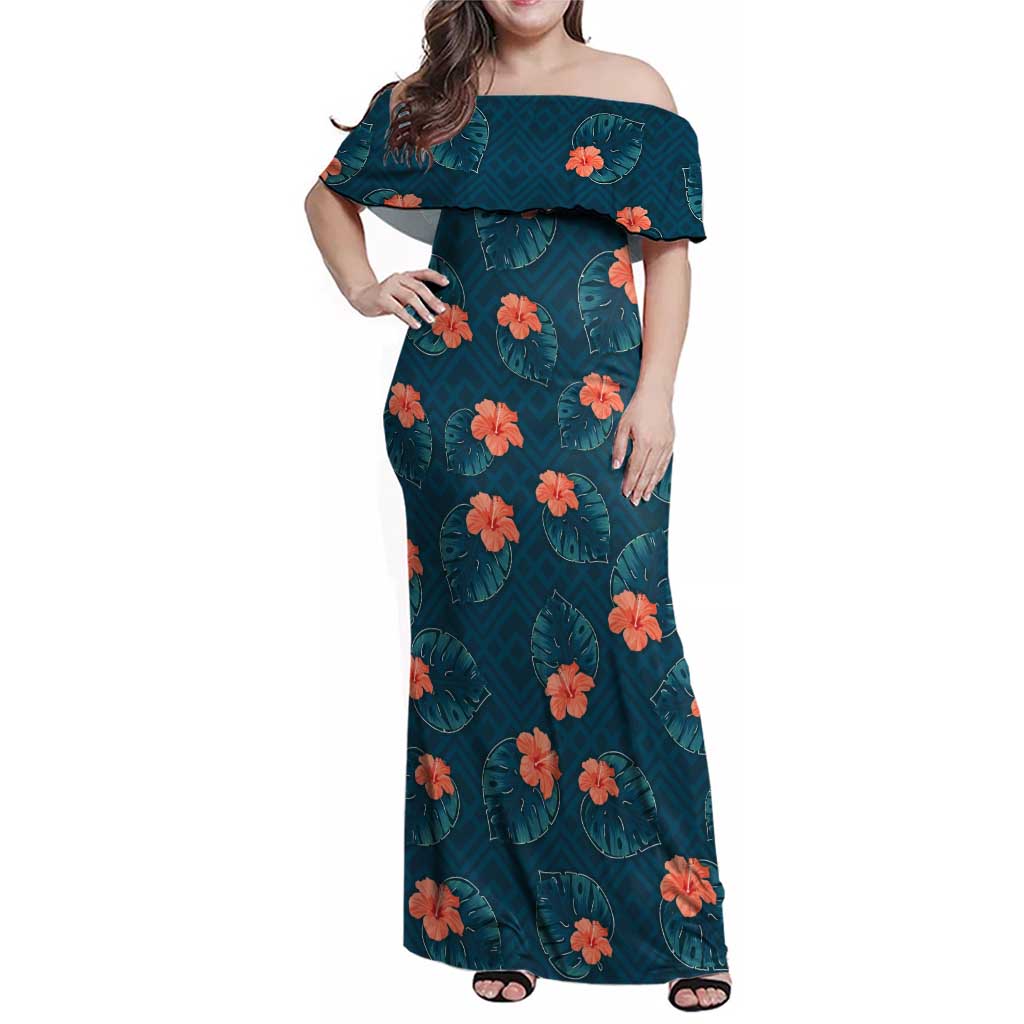 Hawaii Monstera Family Matching Off Shoulder Maxi Dress and Hawaiian Shirt Hibiscus Flowers Simple Style DT05 Mom's Dress Dark Teal - Polynesian Pride