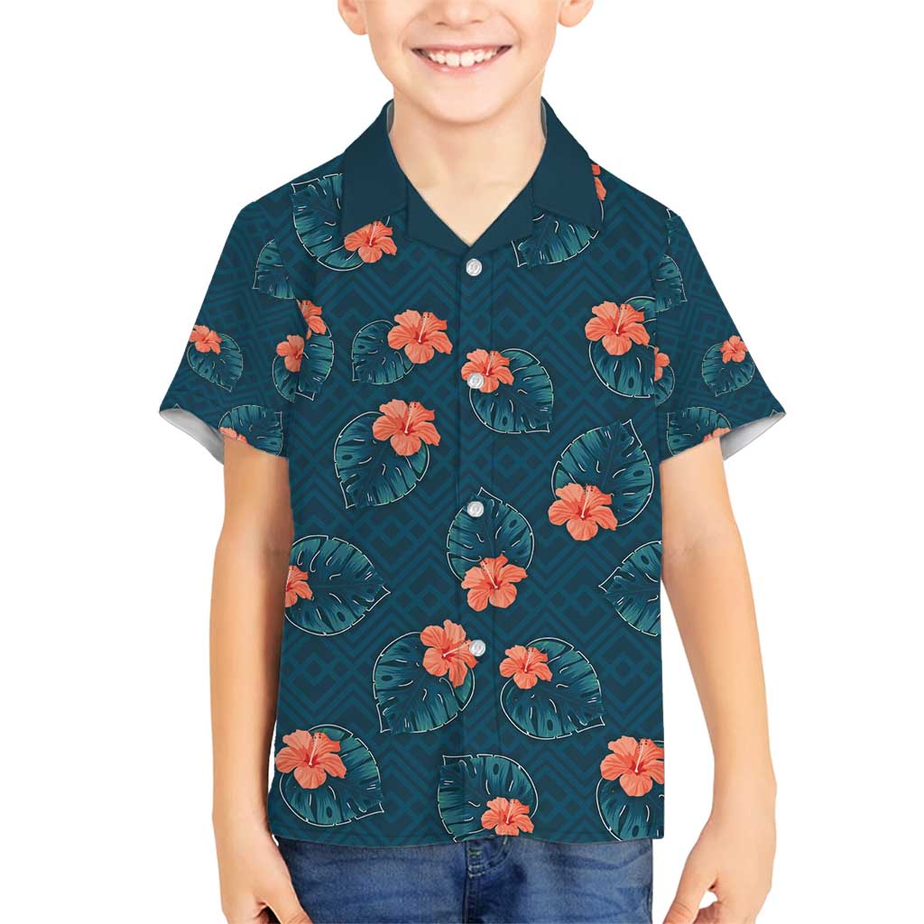 Hawaii Monstera Family Matching Off Shoulder Maxi Dress and Hawaiian Shirt Hibiscus Flowers Simple Style DT05 Son's Shirt Dark Teal - Polynesian Pride