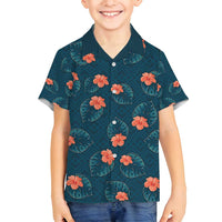 Hawaii Monstera Family Matching Off Shoulder Maxi Dress and Hawaiian Shirt Hibiscus Flowers Simple Style DT05 Son's Shirt Dark Teal - Polynesian Pride