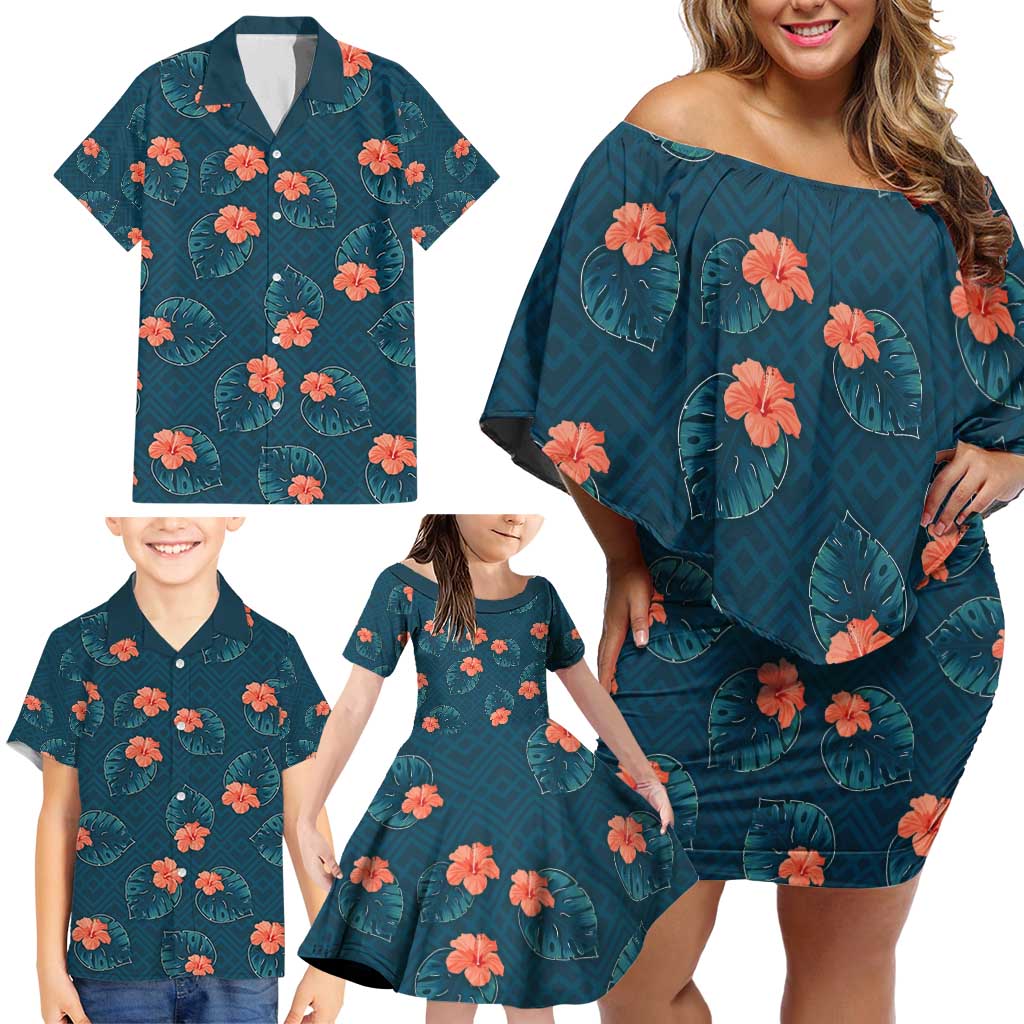 Hawaii Monstera Family Matching Off Shoulder Short Dress and Hawaiian Shirt Hibiscus Flowers Simple Style DT05 - Polynesian Pride