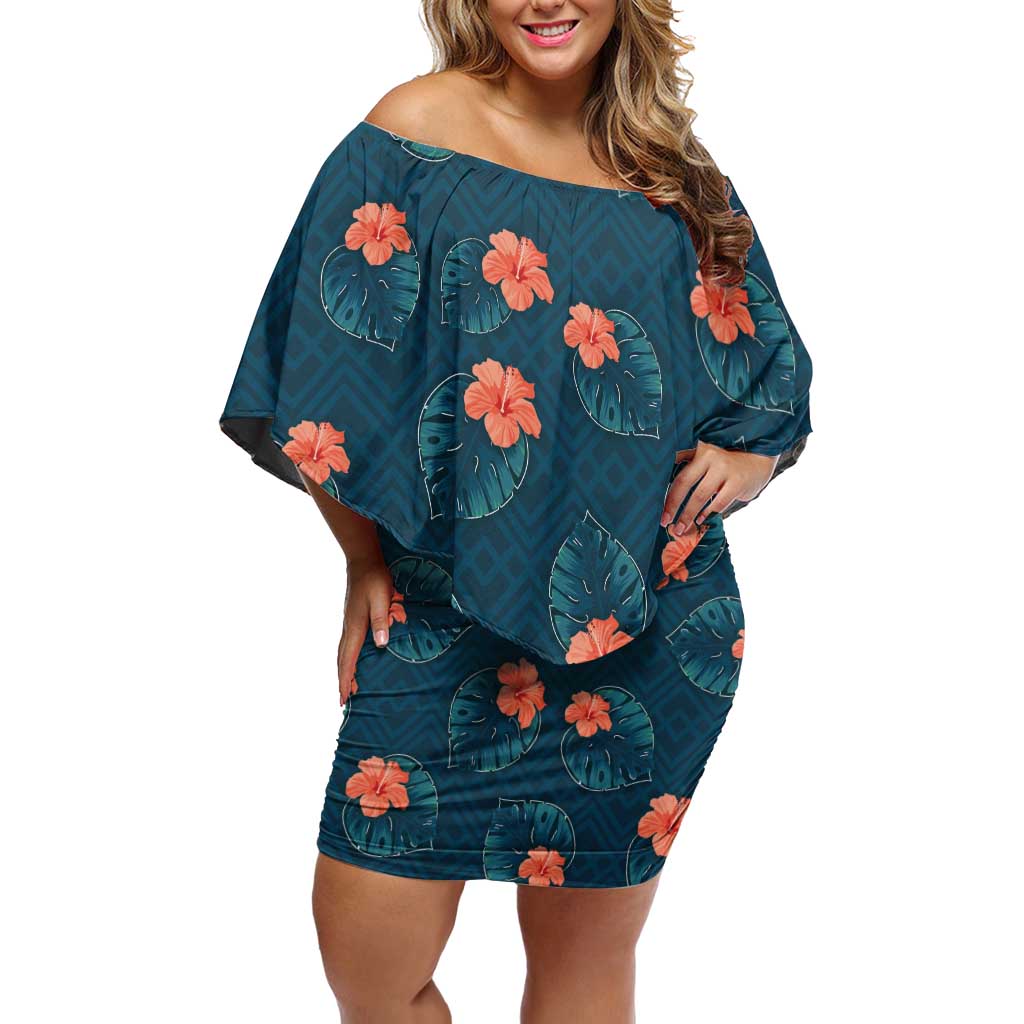 Hawaii Monstera Family Matching Off Shoulder Short Dress and Hawaiian Shirt Hibiscus Flowers Simple Style DT05 Mom's Dress Dark Teal - Polynesian Pride