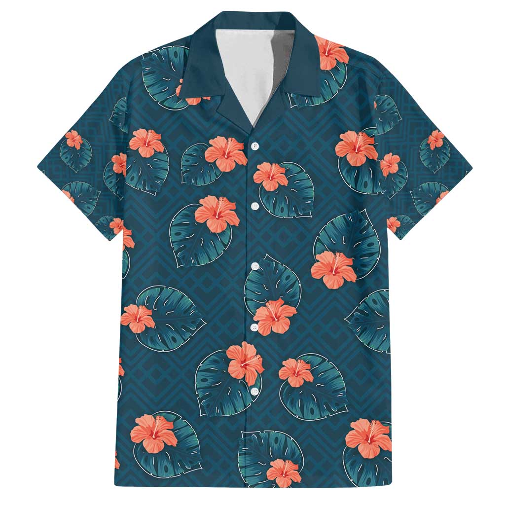 Hawaii Monstera Family Matching Summer Maxi Dress and Hawaiian Shirt Hibiscus Flowers Simple Style DT05 Dad's Shirt - Short Sleeve Dark Teal - Polynesian Pride