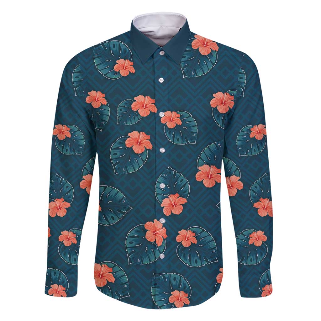 Hawaii Monstera Family Matching Summer Maxi Dress and Hawaiian Shirt Hibiscus Flowers Simple Style DT05 Dad's Shirt - Long Sleeve Dark Teal - Polynesian Pride