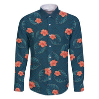 Hawaii Monstera Family Matching Tank Maxi Dress and Hawaiian Shirt Hibiscus Flowers Simple Style DT05 Dad's Shirt - Long Sleeve Dark Teal - Polynesian Pride