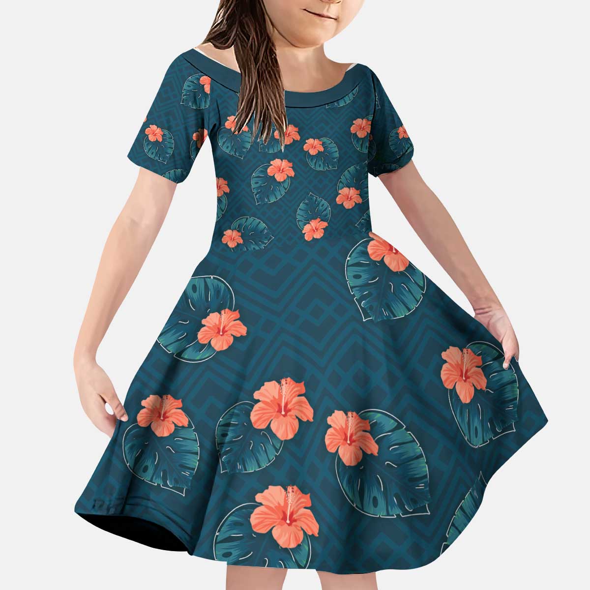 Hawaii Monstera Kid Short Sleeve Dress Hibiscus Flowers Simple Style - Polynesian Pride