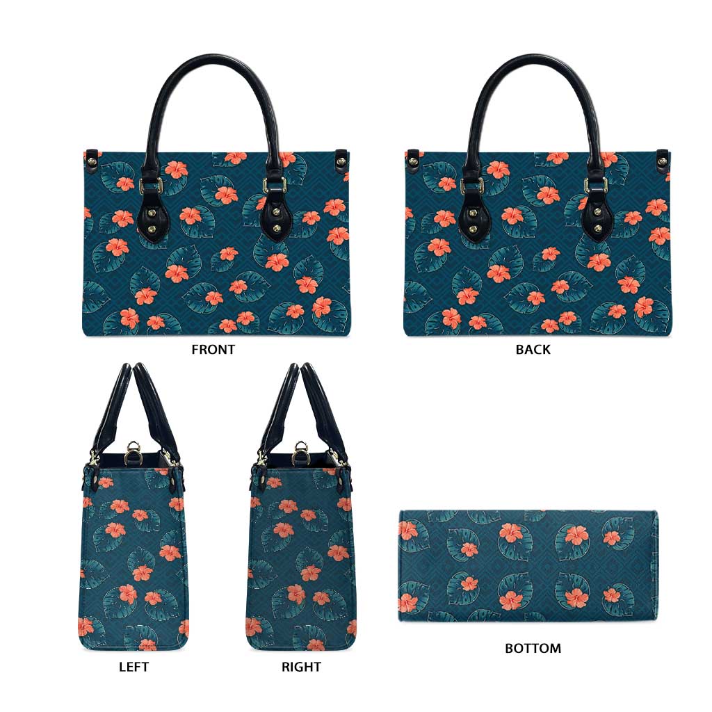 Hawaii Monstera Leather Bag Hibiscus Flowers Simple Style - Polynesian Pride