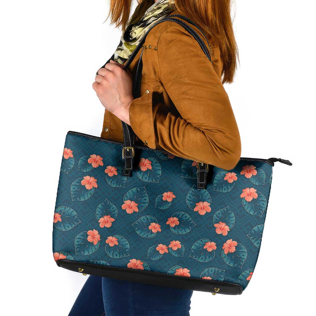 Hawaii Monstera Leather Tote Bag Hibiscus Flowers Simple Style - Polynesian Pride