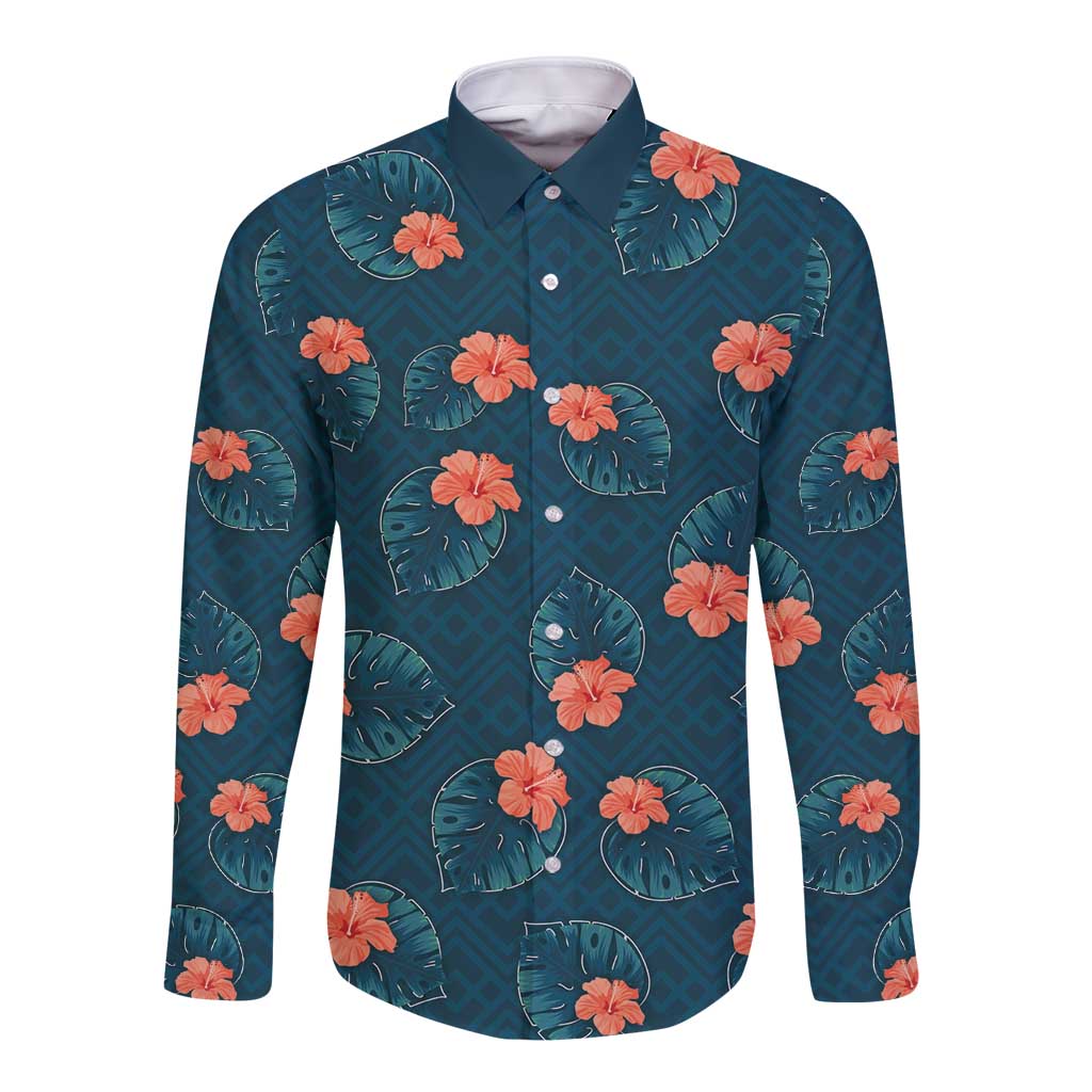 Hawaii Monstera Long Sleeve Button Shirt Hibiscus Flowers Simple Style - Polynesian Pride