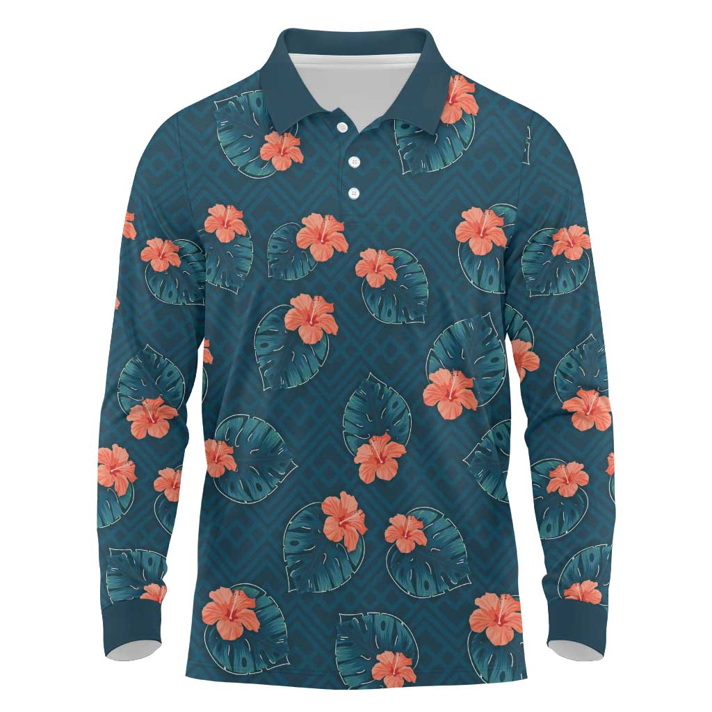 Hawaii Monstera Long Sleeve Polo Shirt Hibiscus Flowers Simple Style - Polynesian Pride