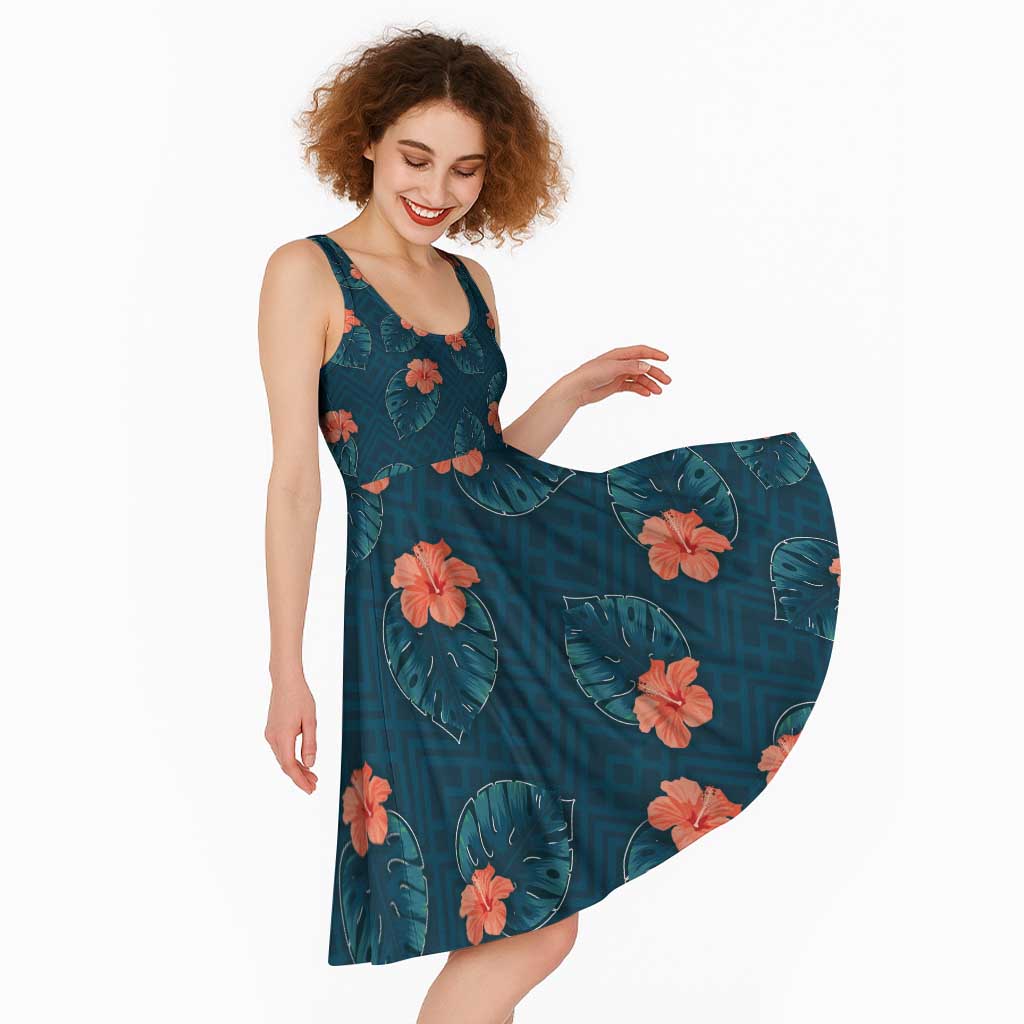 Hawaii Monstera Midi Dress Hibiscus Flowers Simple Style - Polynesian Pride