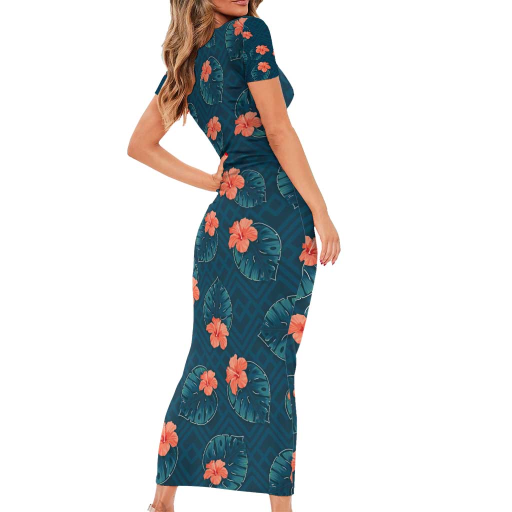 Hawaii Monstera Short Sleeve Bodycon Dress Hibiscus Flowers Simple Style - Polynesian Pride