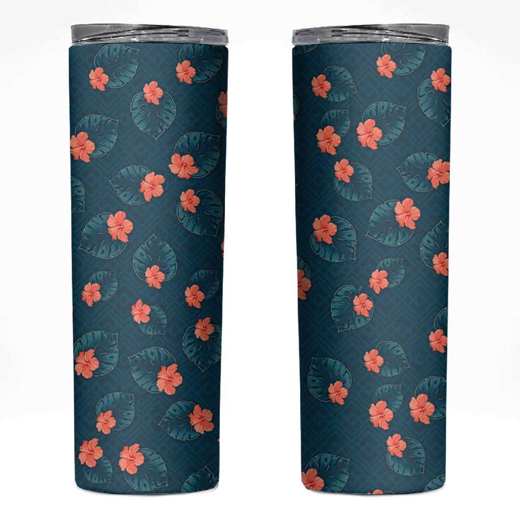 Hawaii Monstera Skinny Tumbler Hibiscus Flowers Simple Style DT05 Dark Teal - Polynesian Pride