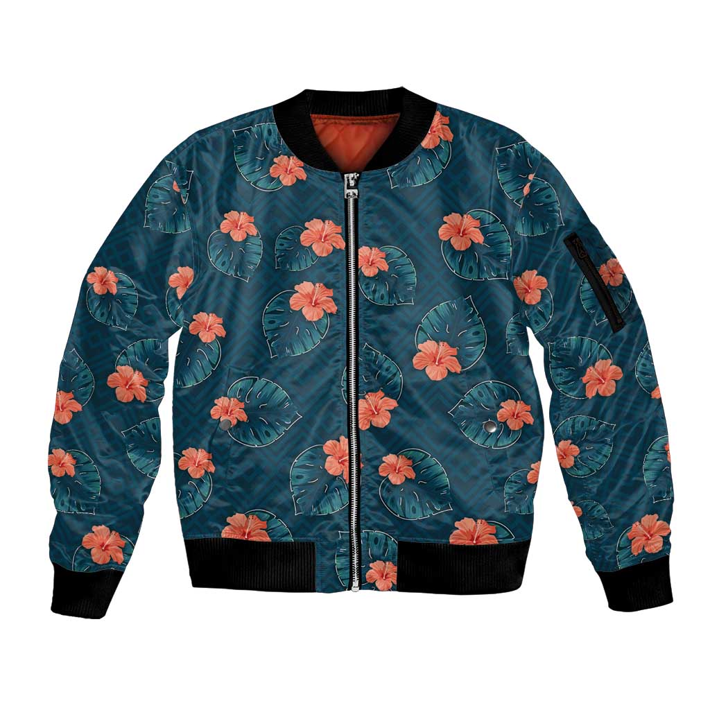 Hawaii Monstera Sleeve Zip Bomber Jacket Hibiscus Flowers Simple Style - Polynesian Pride