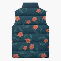 Hawaii Monstera Sleeveless Puffer Jacket Hibiscus Flowers Simple Style - Polynesian Pride
