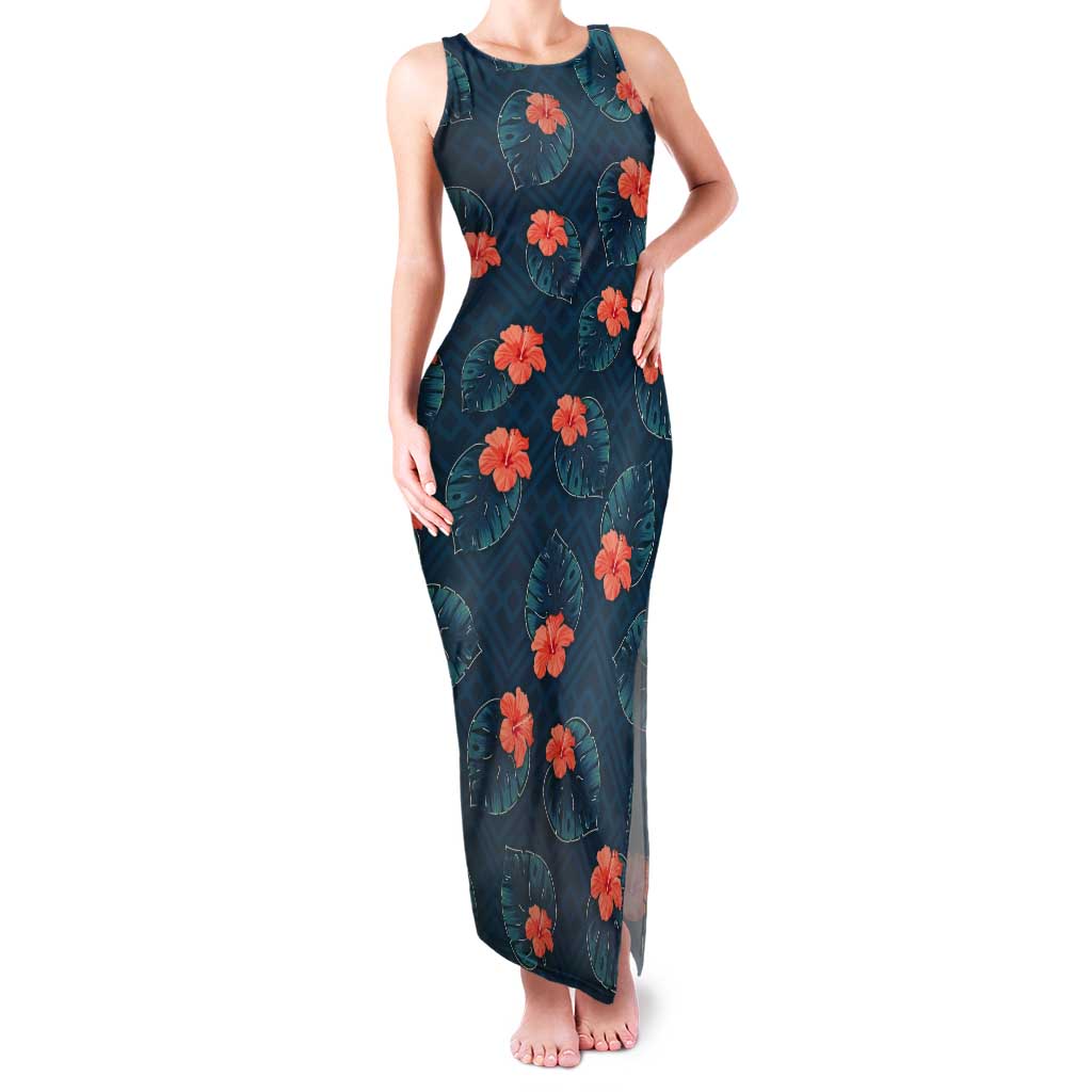 Hawaii Monstera Tank Maxi Dress Hibiscus Flowers Simple Style DT05 Women Dark Teal - Polynesian Pride