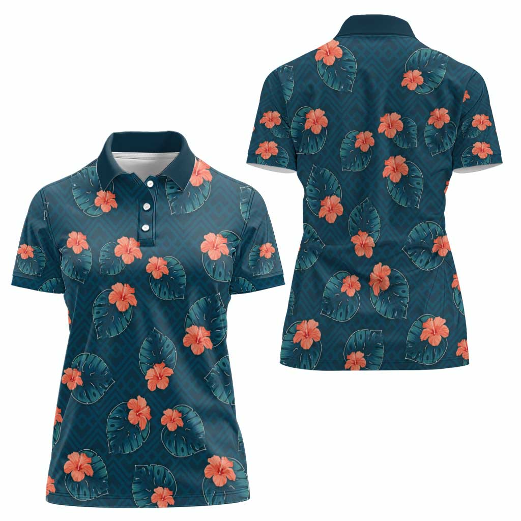 Hawaii Monstera Women Polo Shirt Hibiscus Flowers Simple Style - Polynesian Pride