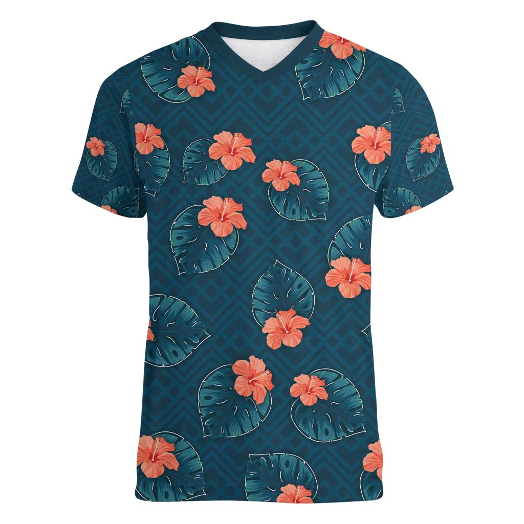 Hawaii Monstera Women V-Neck T-Shirt Hibiscus Flowers Simple Style - Polynesian Pride