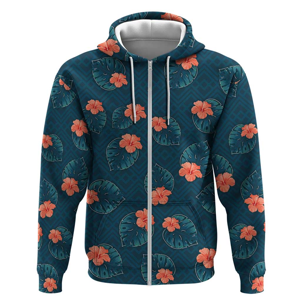 Hawaii Monstera Zip Hoodie Hibiscus Flowers Simple Style - Polynesian Pride